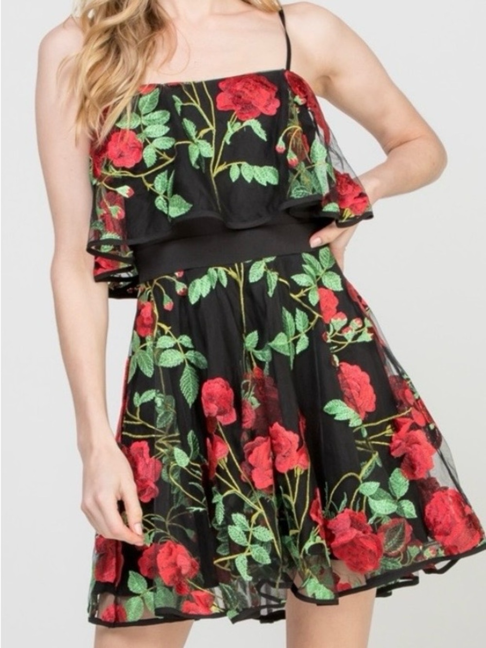 Black with red Embroidery Floral Mini Dress with adjustable straps - Picture 4 of 7